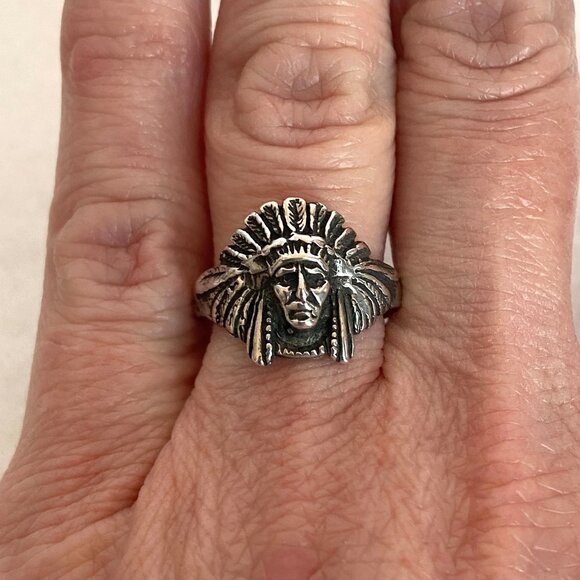 VTG Sterling Silver 925 Indian Chief Head Feathered Headdress Band Ring Sz 6 - Picture 1 of 16